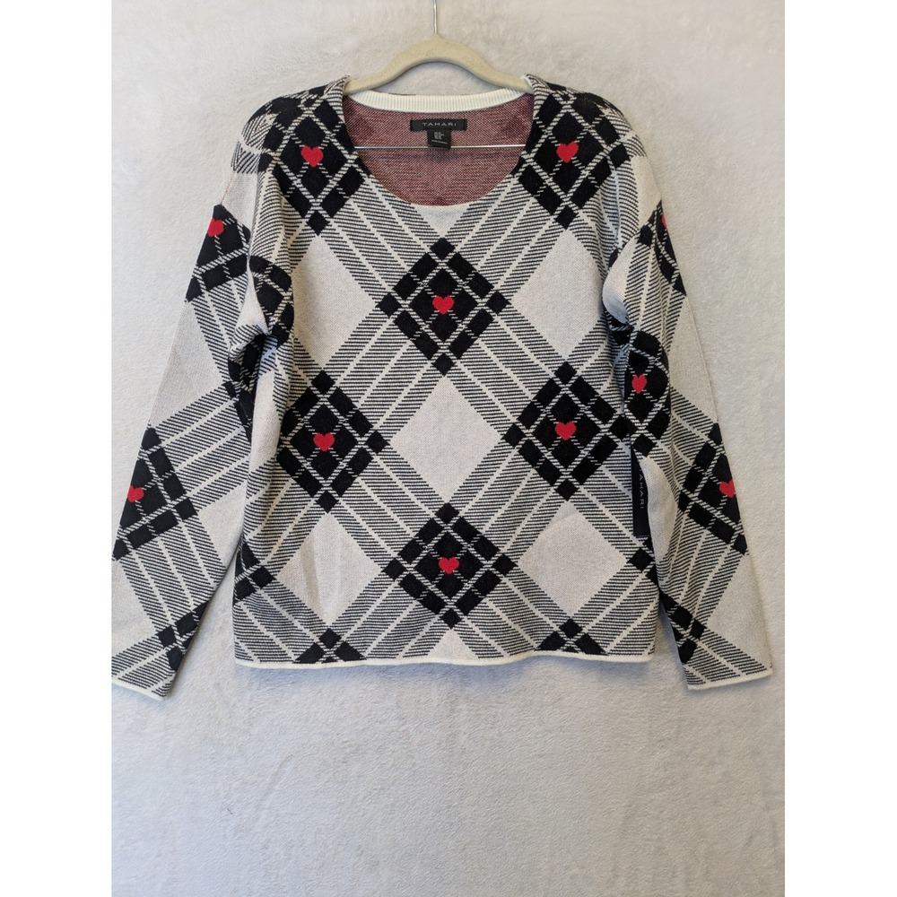Tahari Women's Size M Plaid Heart Embroidered Scoop Neck Pullover Sweater NWT